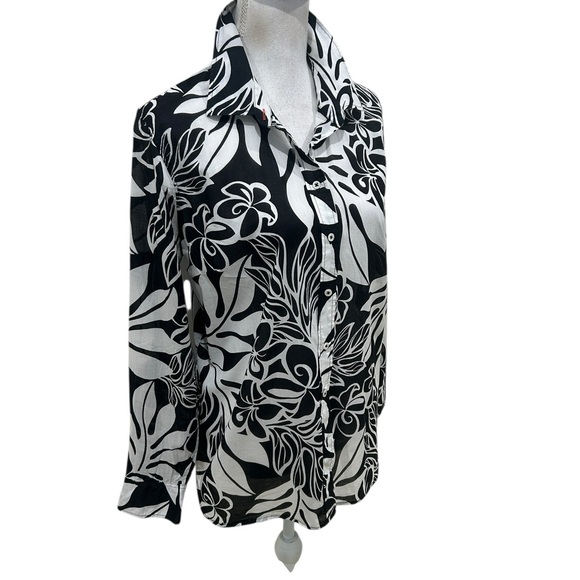 Talbots Black White Floral 100% cotton lightweight button up shirt Blouse large - Picture 3 of 9